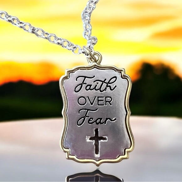 Silver and Gold Toned Pendant Necklace with Cross Detail “Faith Over Fear” - Picture 16 of 17